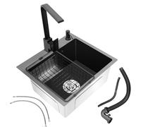 DAOHHFO Évier encastrable noir 40 x 45 cm - 1 bac en acier inoxydable - Rectangulaire - Avec robinetterie - Bonde - Évier moderne en acier inoxydable - Avec tuyau d'évacuation, distributeur de savon