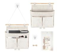 DAOOZHU 2X Organiseurs Muraux Pliables en Lin à Suspendre, 3 Compartiments Grande Capacité Organisateur Mural,Organiseurs Suspendus combinables Entre eux grâce à Une Barre en Bois