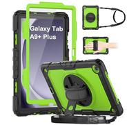 DAORANGE Coque pour Samsung Galaxy Tab A9 Plus, Étui Robuste avec Protection D'écran pour Galaxy Tab A9+ Plus, Support Rotatif à 360, Dragonne et Bandoulière Réglable (Noir/Vert)