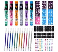 DAOUZL , 6 Stylos Tatouage Enfant, Tatouage Temporaire avce 13 Pochoir Tatouage,12 recharges ect, Stylos Gel à Paillettes Tatouage Kit pour Halloween,Noël,Fête