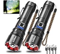 daphomeu Lot de 2 lampes de poche LED rechargeables - 250 000 lumens - Lampe de poche LED extrêmement lumineuse - Lampe de poche tactique en métal avec 5 modes, zoom et indicateur de batterie - Pour