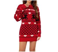 DaPongZhi Robe Pull Femme Hiver Chic Sexy Pull de Noël avec Motif de Renne Jacquard Tricot de Noël Femme Élégant Col Rond Longue Robe de Noël Sweat Christmas Sweater à Manches Longues