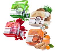 Dapoprren Loofah Lot de 4 barres de savon naturel exfoliant avec loofah à l'intérieur [curcuma, aloès, rose, lait de coco], savon hydratant fait à la main pour le visage et le corps