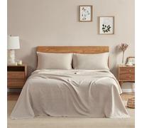 DAPU Parure de lit 4 pièces en Lin Pur, 100% Lin français de Normandie, Respirant et Durable pour Les dormeurs Chauds - 1 Drap Plat, 1 Drap-Housse, 2 taies d'oreiller (Lin Naturel, lit Double)