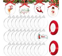 DARENYI 80 Pièces Boule de Noël Ornements de Disque Acrylique Transparent, 7.6CM Rond Ornements de Noël en Acrylique Boules Plates Vierges avec Trous et Ruban pour Décoration de Sapin de Noël