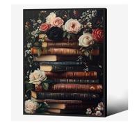 Dark Academia Wall Art - Vintage Book Stack & Library Canvas Poster, Moody Scholarly Decor for Study, Office, or Book Lover's Room (12x18inch(30x45cm),Framed)