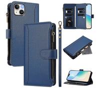 (Dark Blue) For iPhone 15 Plus Leather Case with 9 Card Slots, Zipper Wallet, Stand & Wrist Strap Phone Cover