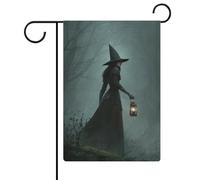 Dark Fantasy Sorcière tenant une lanterne Drapeau de jardin saisonnier Vacances en toile de jute double face Maison cour Drapeaux extérieurs 30,5 x 45,7 cm
