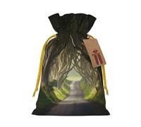 Dark Hedges Sacs de Noël réutilisables avec cordon de serrage imprimés Irlande du Nord pour emballage cadeau de Noël, ruban jaune, taille S