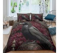 Dark Raven Perched Linge de Lit résistante 3 pièces 3D Imprimée Entretien Facile Gothic Floral Art Ensemble De Literie avec Taie d'oreiller Hypoallergique for Décoration de Chambre Single（140x200cm）