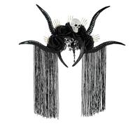 Dark Series Serre-tête en corne antilope avec fleurs et têtes de mort - Accessoire pour cheveux - Accessoire pour fête sur le thème d'Halloween