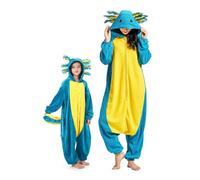 DarkCom Axolotl Bleu Onesie pour Enfants et Adultes,Vêtements de Nuit Combinaison Parent-Enfant Cosplay Animal Halloween Kigurumi Costume Pyjama de Noël 10-11 Years