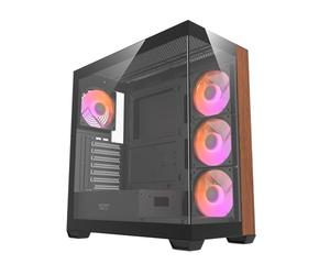 DarkFlash DS900W Boîtier PC Gaming ATX, panneau latéral et avant en verre trempé, 4 ventilateurs ARGB, design bois, USB-C