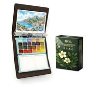 DarkWish Carnet de Voyage Aquarelle (Taille Passeport) - Set Pro Urban Sketching 24 Couleurs (6 Métalliques) avec Papier 300g, Étui Cuir PU Rechargeable & Pinceau Réservoir