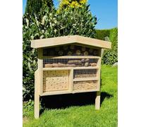 DARLUX Hôtel à insectes en bois XL pour abeilles sauvages avec aide à la nidification I Insectarium avec jardinière en bois et pied 76 x 56 x 18 cm (HxLxP) I Résistant aux intempéries I Ruche à