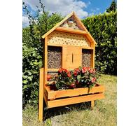 DARLUX Hôtel à insectes massif fabriqué à la main XL en bois pour abeilles sauvages avec bac à fleurs marron azuré avec support 97 x 51 x 18 cm (H x l x P)