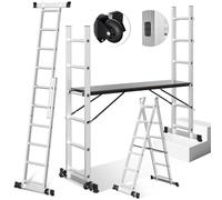 Daromigo Échelle multifonction 4 x 4, en aluminium, 4 en 1, pliante, mobile, échelle simple, plate-forme de travail, échelle multifonction, charge maximale 150 kg, argentée