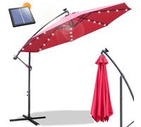 Daromigo Parasol 300/350 cm avec manivelle, avec support, parasol de jardin, protection UV, aluminium, à manivelle, imperméable, pour le jardin, rouge avec LED solaire, Ø 350 cm