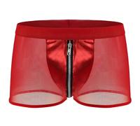 Darringls Boxer séduisant pour homme, avec fermeture éclair sur le devant, empiècements latéraux en maille, aspect latex, coupe ajustée, noir, rouge, M