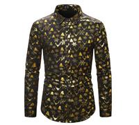 Darringls Chemise de Noël pour homme - Chemise décontractée à manches longues boutonnée - Col montant - Robe à paillettes - Chemise de luxe avec imprimé feuille d'or pour homme, Noir , L