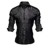 Darringls Chemise en satin à motif floral pour homme, chemise à manches longues, pour mariage, fête, bal de fin d'année, coupe droite, jacquard broderie business, chemise de loisirs, Noir , XXL
