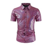 Darringls Chemise pour homme - Brillant - Métallique - Manches courtes - Tenue des années 80 - Chemise disco - Doré - Paillettes - Pour fête à thème, boîte de nuit, carnaval, costume de carnaval, Rose