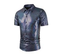 Darringls Chemise pour homme - Brillant - Métallique - Manches courtes - Tenue des années 80 - Chemise disco - Doré - Paillettes - Pour fête à thème, boîte de nuit, carnaval, costume de carnaval
