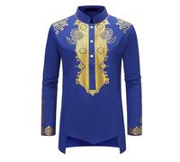 Darringls Chemises dashiki pour homme - Imprimé africain - Courte - Col montant - Tunique - Coupe normale - Manches longues - Robe de mariage - Robe indienne - Caftan - Vêtements musulmans, bleu, XXL
