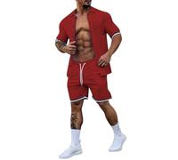 Darringls Combinaison de loisirs 2 pièces pour homme, cardigan, chemise hawaïenne, jogging, ensemble de vêtements de sport, couleur unie, tenue de vacances, col rond, chemise d'été, short de loisirs,