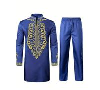 Darringls Costume africain Dashiki et pantalon coupe normale Dubaï Arab Caftan Vêtements Middle East Thobe avec pantalon Ensemble africain 2 pièces Costume traditionnel, bleu, M