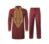 Darringls Costume africain Dashiki et pantalon coupe normale Dubaï Arab Caftan Vêtements Middle East Thobe avec pantalon Ensemble africain 2 pièces Costume traditionnel, rouge, M