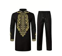 Darringls Costume africain Dashiki et pantalon coupe normale Dubaï Arab Caftan Vêtements Middle East Thobe avec pantalon Ensemble africain 2 pièces Costume traditionnel, Noir , M