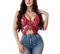 Darringls Costume de danse du ventre à paillettes pour femme débardeurs Winx Club papillon femmes costume Bloom épaules dénudées Y2K corset bleu rouge corsage rave corsage costume gilet crop, Rose
