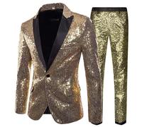 Darringls Ensemble de costume à paillettes pour homme - Veste métallique - 2 pièces - Tenue des années 80 - Blazer et pantalon long brillant - Avec veste à paillettes - Avec un bouton - Pour le marié,