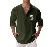 Darringls Henley Chemise à manches longues pour homme - Pour le printemps et l'été - Coupe droite - Décontractée - Coton - Impression palmier - Respirant - Pour les loisirs, Vert armée., M
