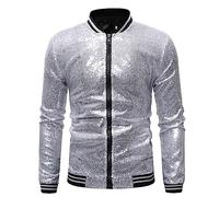 Darringls Homme Bomber Jacket Paillettes Style Boîte de Nuit Homme Varsity Veste Shiny Sparkly Glitter Paillettes Bomber Blouson avec Fermeture Éclair Fête Disco Léger Brillant Clubwear, argenté, XXL