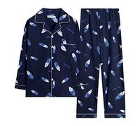 Darringls Pyjama long en coton pour homme - 2 pièces - Rayé - Automne/hiver - Tenue de maison - Manches longues - Col en V - Poches - Boutonnière - Pantalon de salon - Vêtement de nuit, l, L