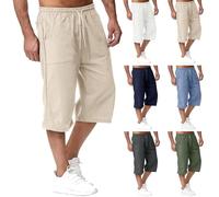 Darringls Short en lin pour homme - Longueur 3/4 - Pantalon d'été - Pour la plage, le yoga, le jogging - Décontracté - Short de sport - Short d'été ample avec élastique - Avec poches - Pantalon de