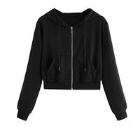 Darringls Sweat à Capuche Court Cropped Femme Sweatshirt à Capuche Crop Top Blanc Noir Uni Rewind Poche Hoodie Sweat-Shirts Zippé Veste Chic Automne Chaud Casual Sport Blousons Pullover