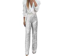 Darringls Tenue de festival pour femme - Paillettes - Paillettes - Pantalon de yoga - Jambes larges - Pantalon à paillettes argenté métallisé brillant - Pantalon avant avec paillettes - Pantalon