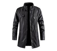 Darringls Veste en cuir pour homme - Manteau en cuir mi-long - Grande veste coupe-vent - Couleur unie - Coupe ajustée - Col montant - Veste de transition - Veste vintage en cuir véritable - Veste