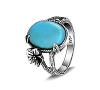 DarryDooly Bague Turquoise Naturelle 10 * 14mm 925 bagues en Argent Sterling pour Femmes Vintage Feuille Soleil Fleur Bague de Luxe Bijoux Fins Cadeau