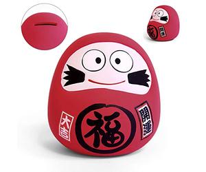 Daruma Japonais en Argile Rouge, Fabriqué au Japon - Statuette Tirelire Porte-Bonheur, Chance, Prospérité et Richesse (H9cm)(7D-8274)