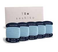DARUMA Sashiko Lot de 5 fils 100 % coton type carte (40 m) avec manuel en anglais, couture et broderie, emballage cadeau (bleu clair)
