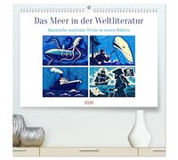 Das Meer in der Weltliteratur (hochwertiger Premium Wandkalender 2026 DIN A2 quer), Kunstdruck in Hochglanz: Ein Rausch in Blau: Alte maritime Romane neu illustriert