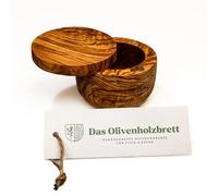 das Olivenholzbrett® Boîte magnétique en bois d'olivier avec couvercle pivotant plat / boîte à sel avec couvercle en bois / boîte en bois d'olivier pour sel et épices / ronde de 10 cm de diamètre