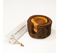 DAS OLIVENHOLZBRETT® Lot de 6 dessous de verre rustiques avec support en bois d'olivier / dessous de verre en bois / ronds / dessous de verre avec boîte de rangement / bois d'olivier / protège-table