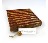 DAS OLIVENHOLZBRETT® Planche à découper exclusive en bois d'olivier Mosaik & Stripes avec rainure à jus/planche en bois de cerveau de luxe/bois de front/massif/rectangulaire/gouttière sur demande avec