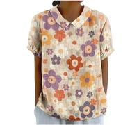 DASAYO Joli haut pour femme, col claudine, manches courtes, en lin, grande taille, chemisiers floraux habillés et décontractés, vêtements d'été, Jaune #18, Taille XL
