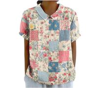 DASAYO Joli haut pour femme, col claudine, manches courtes, en lin, grande taille, chemisiers floraux habillés et décontractés, vêtements d'été, Bleu #20, Taille XL